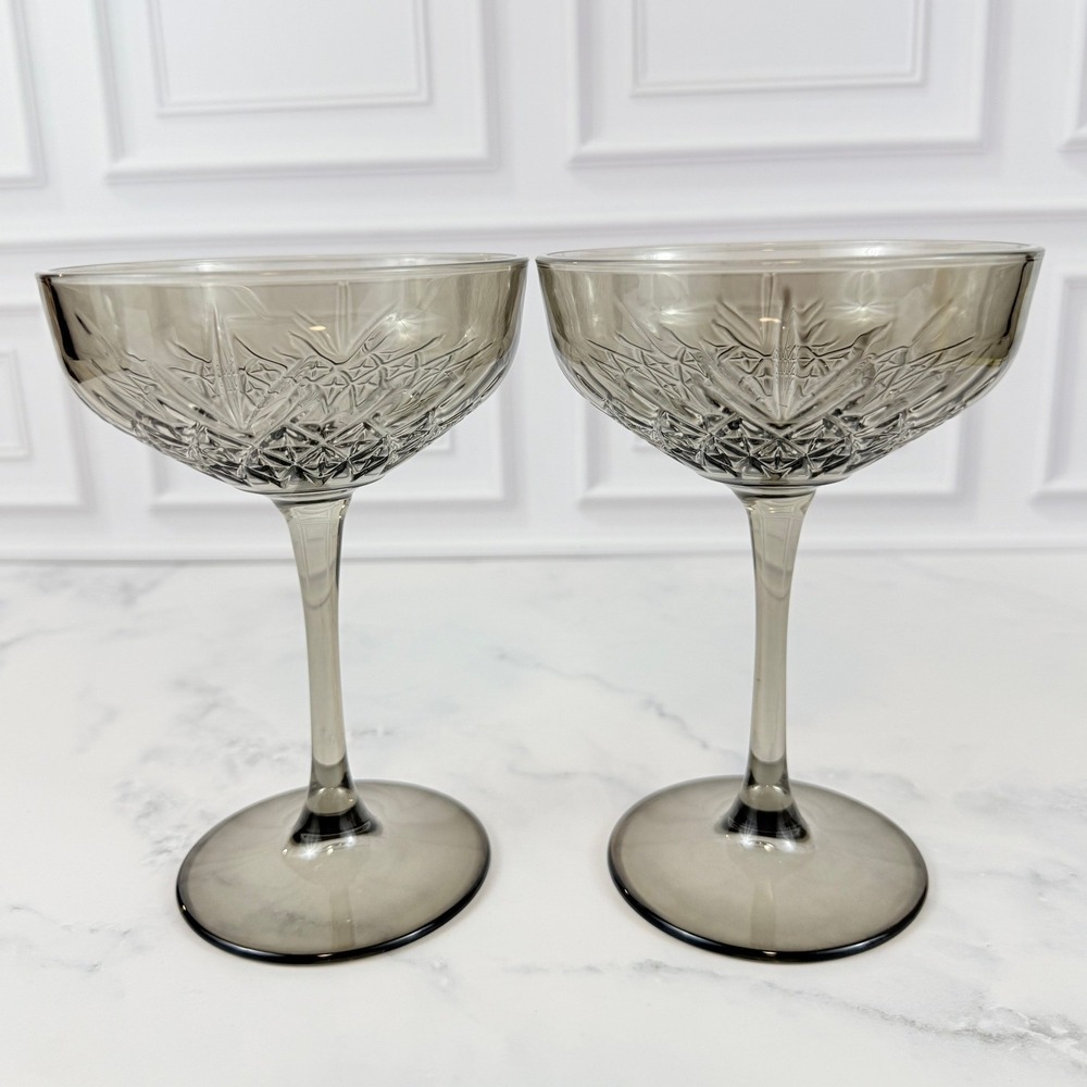 PAIR (2) Pasabahce Timeless Vintage Smoke Gray Crystal Coupe Glasses RARE